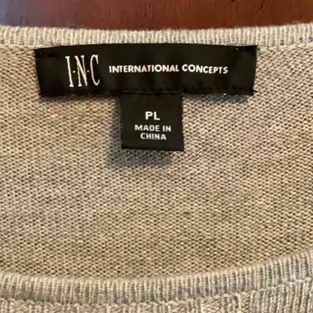 INC fancy sweater, angled bottom, netted sleeve, light gray, PL, NWT - Picture 4 of 12